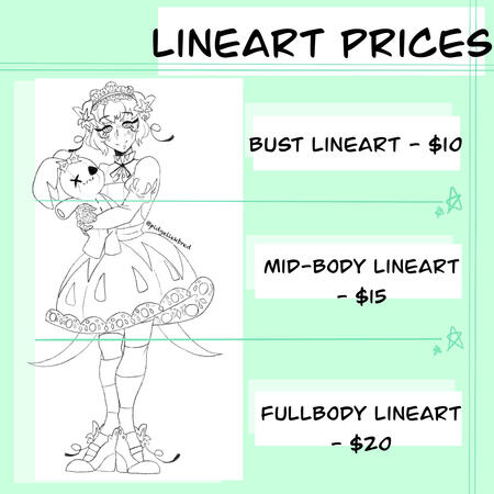 bust line art is 10 dollars, mid-body line art is 15 dollars, and full body line art is 20 dollars