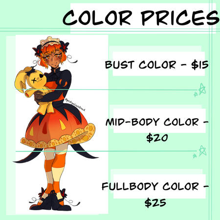 bust color is 15 dollars, mid-body color is 20 dollars, and full body color is 25 dollars.
